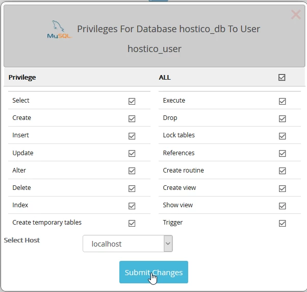 Creating and adding an SQL user to a database in the Webuzo panel | Hostico